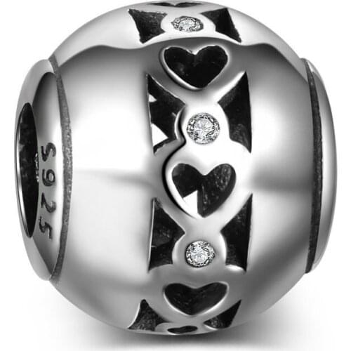 Authentic 925 Sterling Silver Bead Hollow Heart Crystal Round Beads For Original Pandora Charm Bracelets & Bangles Jewelry