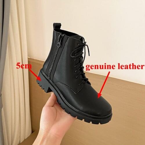 Autuspin Winter Black Ankle Boots for Women Fashion Round Toe Short Booties Female Genuine Leather Platform Punk Heels Woman