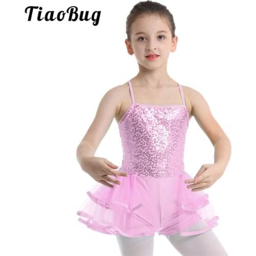 TiaoBug Kids Teens Sequins Ballet Tutu Girls Gymnastics Leotard Bodysuit Ballet Leotard Children Stage Performance Dance Costume