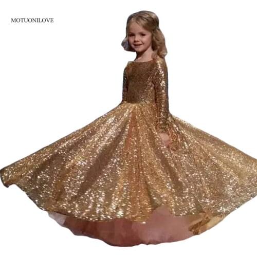 Shiny Gold Sequins Flower Girls Dresses Long Sleeves Girls Pageant Gowns Puffy Kids Prom Dress Children Wedding Party Ball Gowns