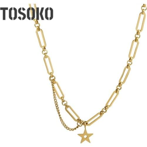 TOSOKO Stainless Steel Jewelry Star Linked Chain Necklace Five Pointed Star Tassel Pendant Necklace Fashion Chain Woman BSP788