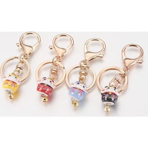 10pcs Mixed Color Fortune Cat Handmade Porcelain Keychain with Alloy Lobster Clasps Iron Bell & Key Rings Jewelry Accessories