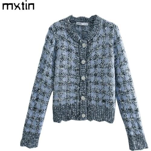 2021 Women Winter Fashion Pearl Buttons Cropped Cardigan Knitted Sweater Vintage O Neck Long Sleeve Female Casual Tops Coat