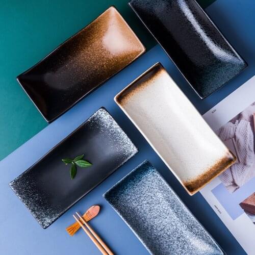Japanese Retro Ceramic Tableware Household Dishes Dishes Creative Rectangular Dishes Sushi Dishes Snack Dishes Fish Dishes