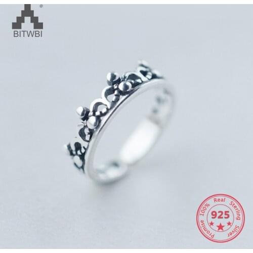 Korea Hot Style 925 Sterling Silver Simple Retro Vintage Chic Crown Open Ring Jewelry for Women