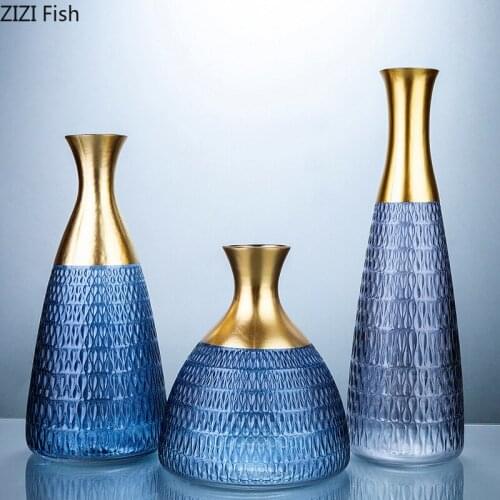 Creative Gilded Blue Glass Vase Bookcase Desktop Ornaments Flower Arrangement Hydroponic Flower Vase Home Decoration Accessories