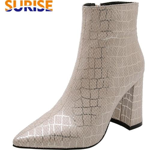 Fashion Winter Women Ankle Boots Bling Lattice Snakeskin High Square Heel Pointed Toe Party Office Lady Plush Zipper Short Boots