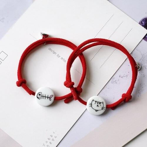 Ceramic Milan Rope Charm Bracelets Magnet Attract Hand Rope Cartoon Cat Eat Fish Couple Student Gift #YXSL25