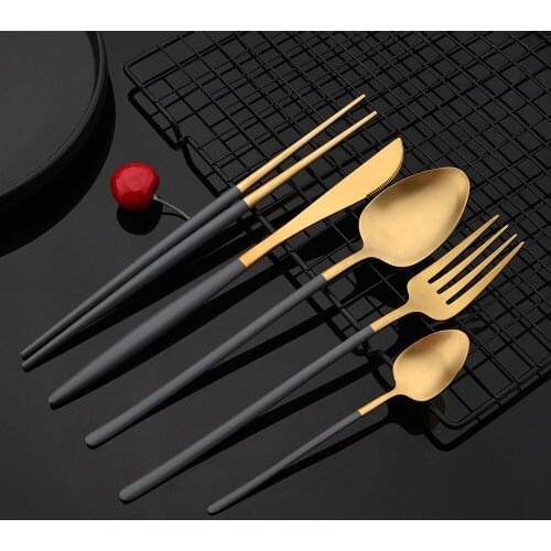 5Pcs Matte Gold Cutlery Set Dinnerware Set 304 Stainless Steel Dinner Fork Knife Teaspoon Korean Chopsticks Tableware Flatware