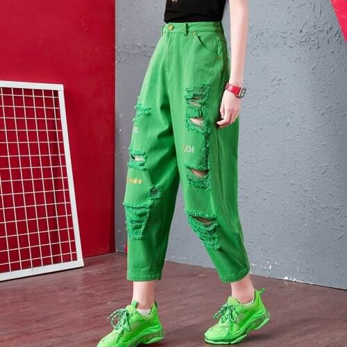 New large size loose slimming ripped trousers womencasual high-waisted wide-leg embroidery harem cropped trousers woman jeans