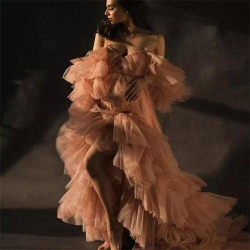 Orange Maternity Celebrity Dress Ruffled Nightgowns for Photoshoot Boudoir Lingerie Tulle Robe Off Shoulder Nightwear Babydoll