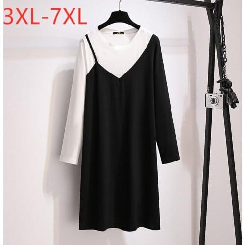 New Ladies Autumn Winter Plus Size T-shirt Dress For Women Large Long Sleeve Loose Cotton Black Mini Dress 7XL