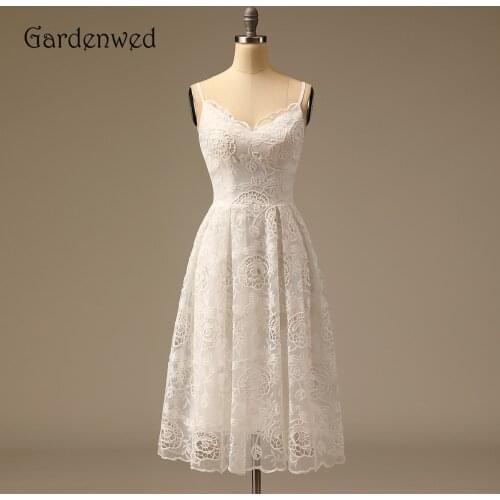 Simple Lace Short Wedding Dresses Lovely V Neck Spaghetti Straps Knee-length Bridal Gowns