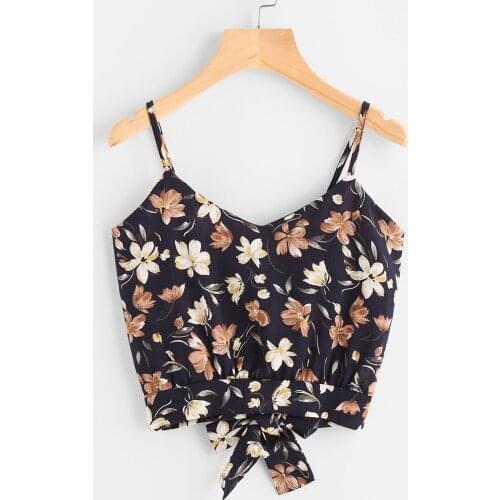 Women Self Bow Camisole Tops T-shirt High Quality Back VNeck Floral Print Crop Boho Summer Tops For Ladies Loose Camis Topy #T5P
