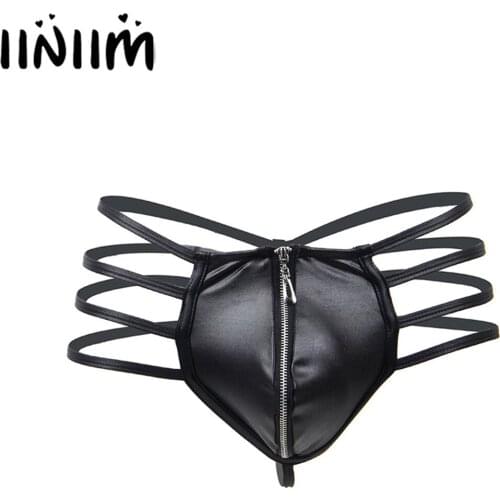 Mens Faux Leather Panties Sexy Bulge Pouch G-string Briefs Low Waist Strappy T-back Hollow Out Open Butt Zipper Thong Underwear