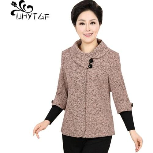 UHYTGF Spring autumn coat womens Middle-aged mom short jacket Plus velvet warm casual loose 4XL plus size tops outerwear 1191