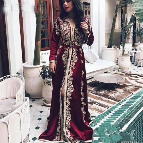 Saudi Arabia Full Sleeve Burgundy Evening Dresses With Gold Lace Appliqued Moroccan Kaftan Muslim Women Formal Wear Prom Dress