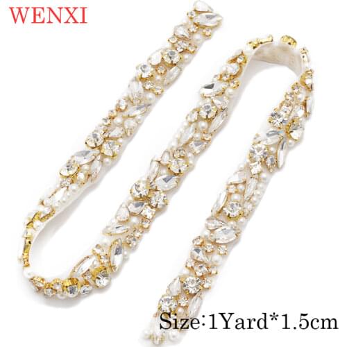 WENXI 10YARDS Wholesale Sparkle Crystal Rhinestone With pearl For Wedding Sash Clear Silver Crystal Rhinestone Applique WX920