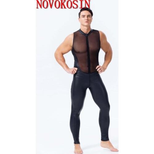 XX138 S-2XL Sexy See Through Top Tulle With Front Zipper Lingerie Men Faux Leather 2019 Bodysuit Fetish Costumes Erotic Teddies