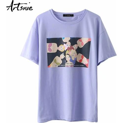 Artsnie disney cartoon print women t shirt summer o neck short sleeve tops femme streetwear casual loose purple t-shirt mujer