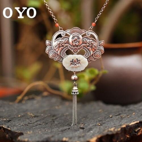 S925 Silver Retro Mosaic and Hotan Jade White Jade Lotus Flower Suspension Lady High-grade Hanging Set Chain