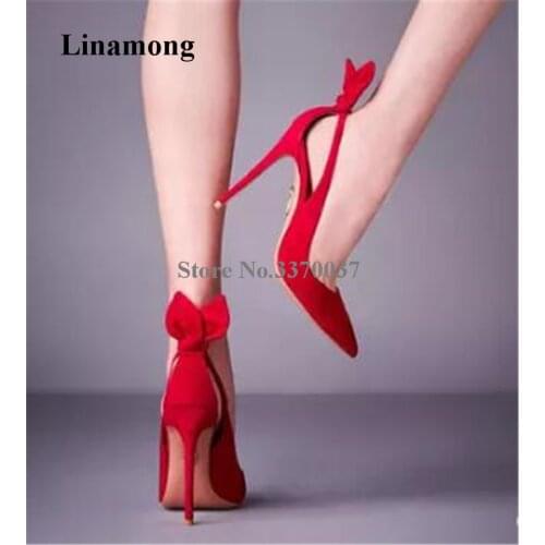 Women Charming Design Pointed Toe Suede Leather Stiletto Heel Back Bowtie Pumps Red Beige Cut-out High Heels Formal Dress Shoes