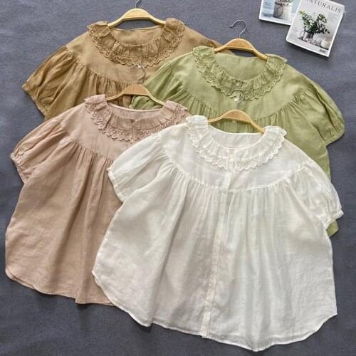 Johnature New Vintage Linen Women Tops 2021 Summer Mori Ruffles Collar Button Solid Color Short Sleeve Female Shirts