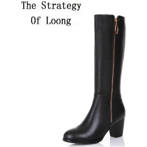 Women Winter Genuine Leather Thick High Heel Side Zipper Round Toe Fashion Mid Half Boots Plus Size 34-45 SXQ1007