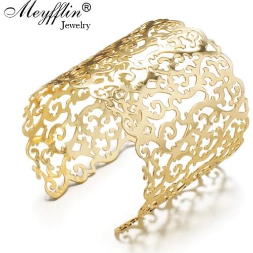 Meyfflin Vintage Cuff Bracelets & Bangle for Women Fashion God Silver Color Hollow Out Flower Bracelet Punk Female Jewelry Party