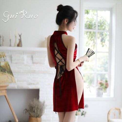 Sexy Retro Cheongsam Dress Womens Side Split Temptation Lingerie Back Bandage Chinese Mini Dresses Autumn and Winter Uniform