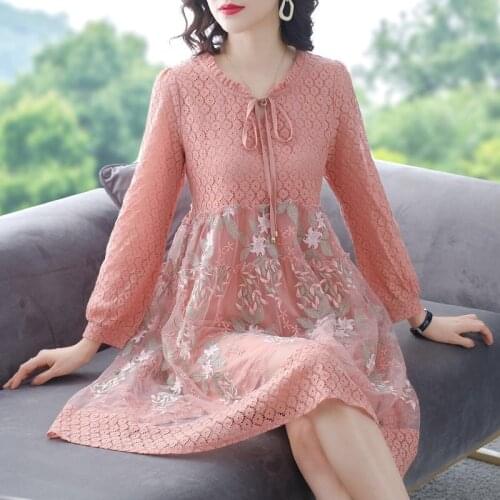 Spring Fall Casual Women Lace Patchwork High Waisted Embroidery Floral Dress , Woman Clothes 3xl 4xl Dresess
