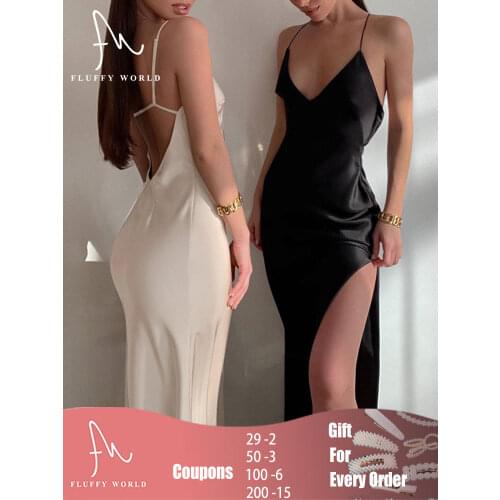 2021 Summer Women Satin Deep V Neck Sexy Dress Spaghetti Straight Split Long Dress Elegant Party Female Backless Dresses New