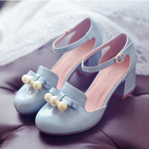 Large Size 34-42 Women Sandals Pearl Bow Leather Shoes for Girls Princess High Heels Party Wedding Female High Heels