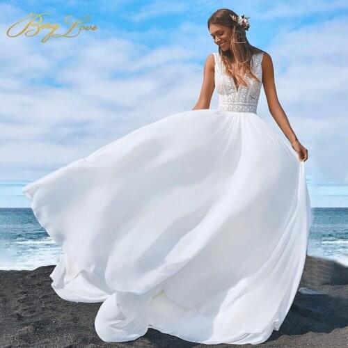 Elegant Lace Sexy Long Wedding Dresses Ball gown Sleeveless V-neck Wedding Party Dress A Line Beach Dress robe de soiree