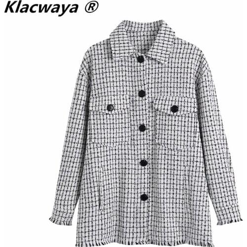 Klacwaya 2021 Women Fashion Plaid Textured Shirt Jackets Vintage Single Breasted Turn Down Collar Pocket Female Casual Coat