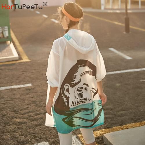 6 Styles Sun-Proof Jacket Women Thin Summer Coat Character Print Long Sleeve Drawstring Hooded Casual Windproof Cuff Outwear