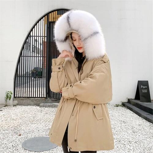 The Original Color Fox Fur Collar Parkas Female Winter New Rabbit Fur Lining Navy Blue Parkas Korean Waisted Hooded Jacket