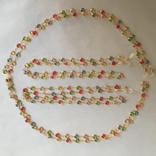 Lightweight gold or silver electro-plated eyeglass brass chain spectacle retainer patched with flat acrylic beads glass string