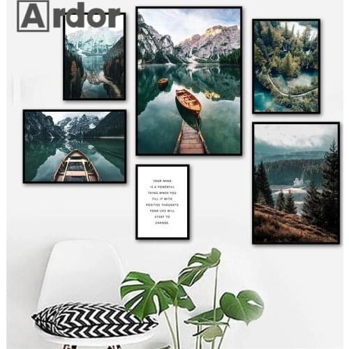 Forest Mountain Lake Boat Nature Landscape Wall Art Poster Canvas Painting Nordic Print Decorative Picture Modern Home Decor