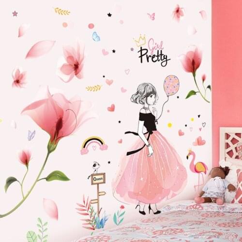 Cartoon Girl Wall Stickers PVC Material DIY Pink Color Flowers Plants Wall Decals for Kids Rooms Nursery House Decoration