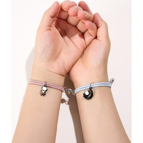 Cartoon Magnetic Couple Bracelets with Moon Robots Pendant Cute Mutually Attractive Friendship Rope Bracelets Gifts for Friends