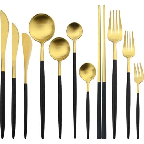 11 Pcs Black Gold Stainless Steel Tableware Cutlery Set 304 Spoon Knife Fork Flatware Set Silverware Kitchen Home Dinnerware Set