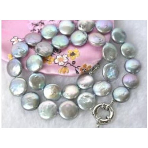Handmade Pearl Jewelry Genuine 13-14MM Gray Color Coin Freshwater Pearl Necklace 17inch