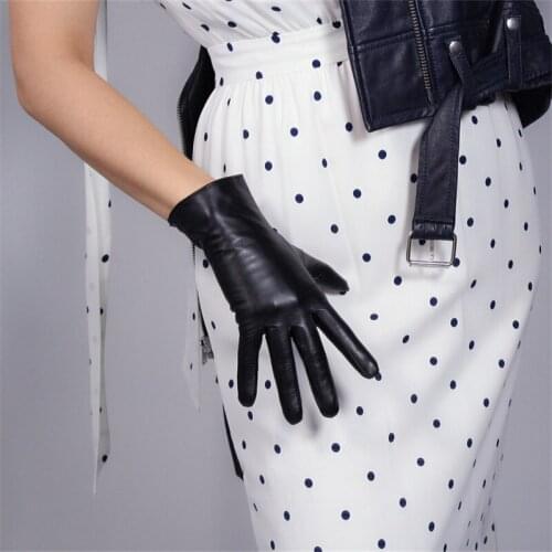 2020 Touchscreen Genuine Leather Gloves 25cm Short Style Pure Imported Goatskin Black Female Plush Lining Touch Function WZP07