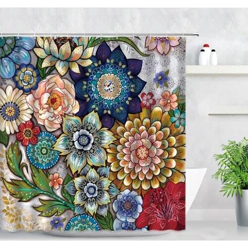 Retro Bohemian Ethnic Style Flowers Bathroom Shower Curtains Creative 3D Printing Bath Cloth Screens Decor Hanging Curtain Sets