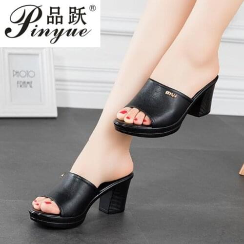 Women Sexy High Heel Clogs Summer Peep Toe Platform Mules Ladies Genuine Leather Slippers Female Slip On Sandals Shoes