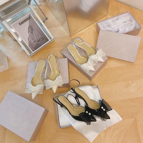 Summer Sandals Pointed Toe Women Sandals Butterfly-Knot Women Shoes Sweet High Heels Buckle Strap Genuine Leather Shoes Woman