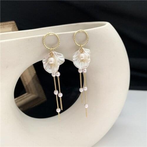 Temperament contracted pearl petals long tassel earrings super sweet fairy maiden shell earring ornaments