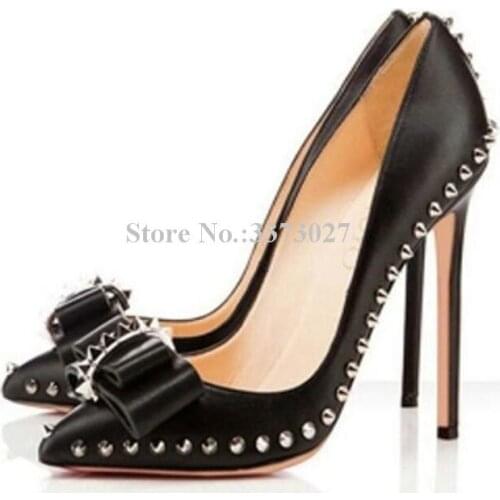 Sexy Low Cut Metal Rivets Studs Bowtie Stiletto Pumps Fashion Pointed Toe Lady Single Dress Shoes Woman Party Models High Heels