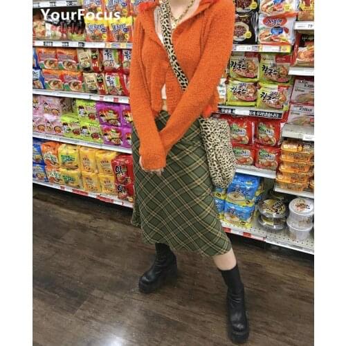 Retro vintage old school style green plaid long skirt high waist Mid-Calf skirt